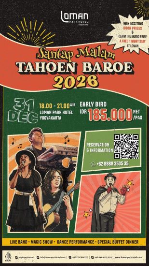 Loman Park Hotel Yogyakarta menghadirkan “Santap Malam Tahoen Baroe 2026”, perayaan malam tahun baru bernuansa retro, hangat, dan mindful dengan hiburan seimbang serta buffet spesial. Foto: Dok Loman Park Hotel